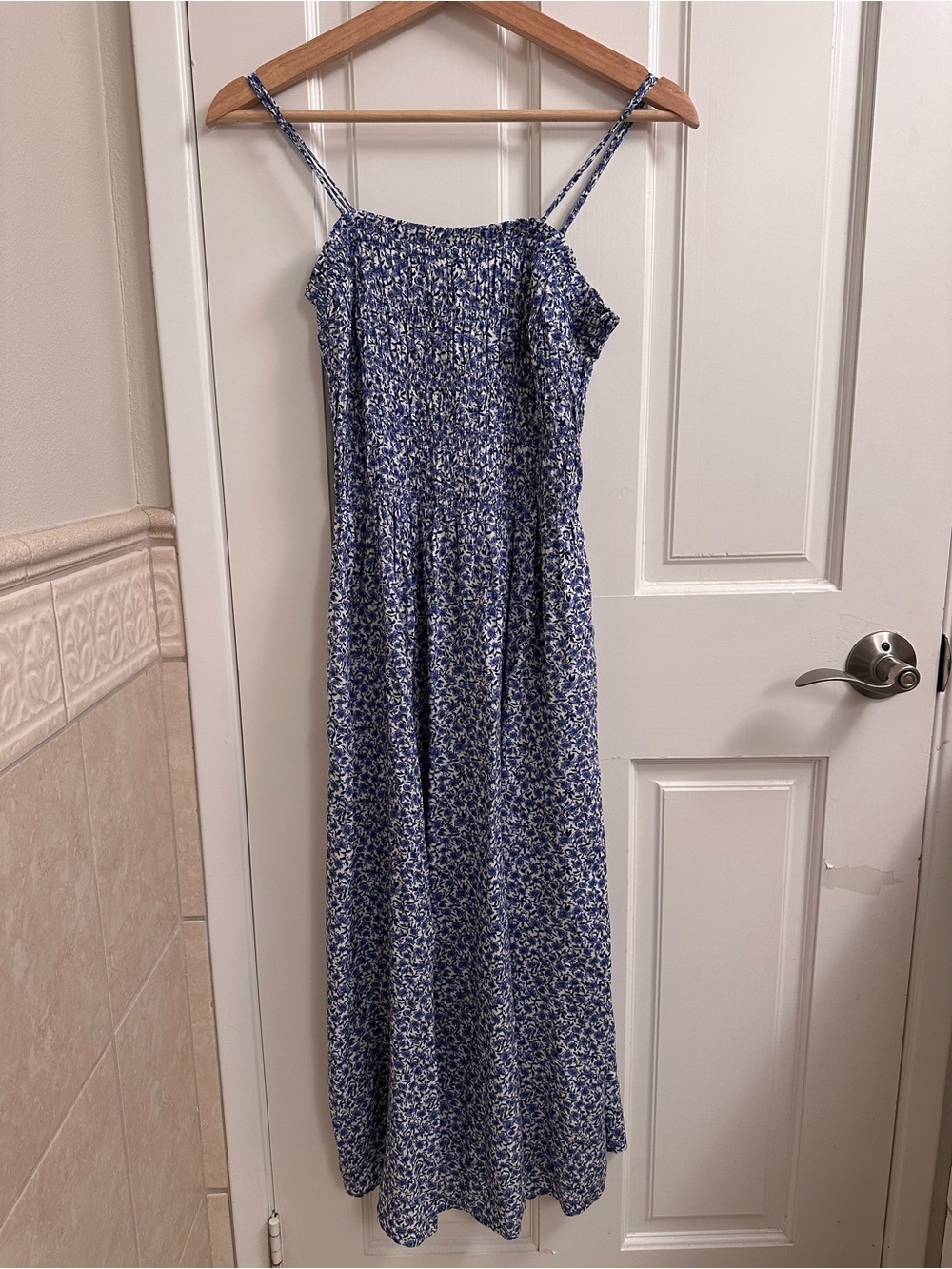 H&M Blue Floral Midi Dress with Spaghetti Straps